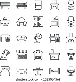 Thin Line Icon Set - cafe vector, checkroom, office chair, desk, bench, fireplace, lamp, bedroom, children room, cushioned furniture, restaurant table, alcove, fridge