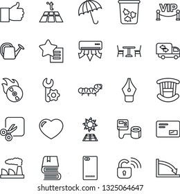 Thin Line Icon Set - cafe vector, umbrella, trash bin, factory, watering can, caterpillar, blood pressure, flame disk, finger up, favorites list, heart, mail, phone back, cut, root setup, ink pen