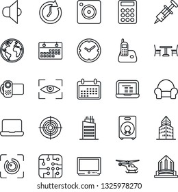 Thin Line Icon Set - cafe vector, helicopter, notebook pc, syringe, earth, speaker, tv, video camera, radio phone, mobile, eye id, calendar, clock, office building, calculator, target, city house