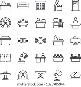 Thin Line Icon Set - cafe vector, baby room, reception, flight table, medical, desk, meeting, manager place, picnic, lamp, restaurant, reserved, salt and pepper, serviette