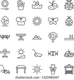 Thin Line Icon Set - cafe vector, sun, flower in pot, lawn mower, butterfly, lady bug, pond, picnic table, brightness, pool, fruit tree, mountains, restaurant, alcove