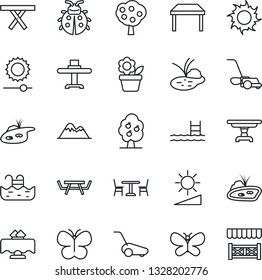 Thin Line Icon Set - cafe vector, flower in pot, lawn mower, butterfly, lady bug, sun, pond, picnic table, brightness, pool, fruit tree, mountains, restaurant, alcove