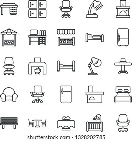 Thin Line Icon Set - cafe vector, bed, checkroom, office chair, desk, bench, fireplace, lamp, bedroom, children room, cushioned furniture, restaurant table, alcove, fridge