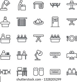 Thin Line Icon Set - cafe vector, baby room, reception, flight table, medical, desk, meeting, manager place, picnic, lamp, restaurant, serviette, reserved, salt and pepper
