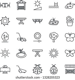 Thin Line Icon Set - cafe vector, sun, flower in pot, lawn mower, butterfly, lady bug, pond, picnic table, brightness, pool, fruit tree, restaurant, alcove