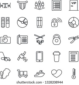 Thin Line Icon Set - cafe vector, camera, mobile phone, pennant, document, circle chart, pruner, lawn mower, sea shipping, cargo, heavy, satellite, heart, pie graph, abacus, office, book, company