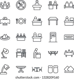 Thin Line Icon Set - cafe vector, baby room, reception, medical, desk, meeting, manager place, picnic table, lamp, restaurant, serviette, reserved, salt and pepper