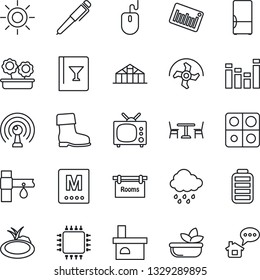 Thin Line Icon Set - cafe vector, mouse, ripper, boot, sun, rain, fireplace, greenhouse, pond, drip irrigation, barcode, antenna, equalizer, battery, application, pen, rooms, fridge, tv, wine card