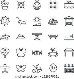 Thin Line Icon Set - cafe vector, sun, flower in pot, lawn mower, butterfly, lady bug, pond, picnic table, brightness, pool, fruit tree, mountains, restaurant, alcove