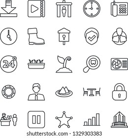 Thin Line Icon Set - cafe vector, 24 around, passport control, security gate, sproute, boot, seedling, bird house, client, shield, search cargo, pause button, clock, download, video, bar graph, lock