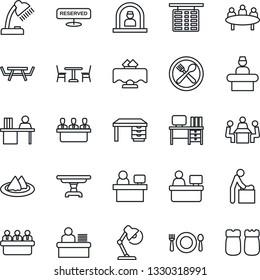 Thin Line Icon Set - cafe vector, baby room, reception, flight table, desk, meeting, manager place, picnic, lamp, restaurant, serviette, reserved, salt and pepper