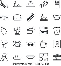 Thin Line Icon Set - cafe vector, coffee, cook, alcohol, menu, reception, cocktail, plates, bacon, bread, candle, table, alcove, restaurant receipt, hamburger, hot dog, bowl, rolling pin, cheese