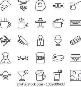 Thin Line Icon Set - cafe vector, coffee machine, waiter, cook, restaurant table, reserved, cocktail, phyto bar, beer, bacon, egg stand, building, dress code, steak, rolling pin, steaming pan, sushi