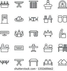 Thin Line Icon Set - cafe vector, baby room, reception, flight table, medical, desk, meeting, manager place, picnic, restaurant, serviette, reserved, salt and pepper