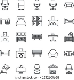 Thin Line Icon Set - cafe vector, bed, checkroom, office chair, desk, bench, fireplace, lamp, bedroom, children room, cushioned furniture, restaurant table, alcove, fridge