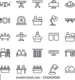 Thin Line Icon Set - cafe vector, reception, flight table, desk, meeting, manager place, picnic, lamp, restaurant, serviette, reserved, salt and pepper