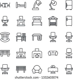 Thin Line Icon Set - cafe vector, office chair, desk, bench, fireplace, lamp, bedroom, children room, cushioned furniture, restaurant table, alcove, fridge