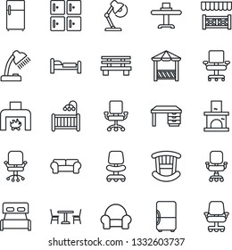 Thin Line Icon Set - cafe vector, bed, checkroom, office chair, desk, bench, fireplace, lamp, bedroom, children room, cushioned furniture, restaurant table, alcove, fridge