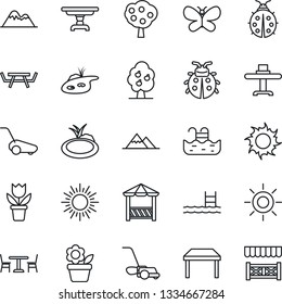 Thin Line Icon Set - cafe vector, sun, flower in pot, lawn mower, butterfly, lady bug, pond, picnic table, pool, fruit tree, mountains, restaurant, alcove