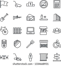 Thin Line Icon Set - cafe vector, escalator, no laptop, disabled, boarding, manager, office building, shovel, farm fork, fence, lawn mower, well, shield, flame disk, remote control, pc, calculator