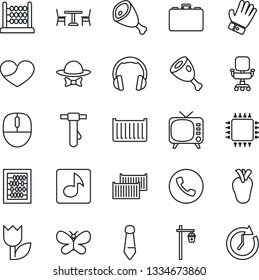 Thin Line Icon Set - cafe vector, phone, case, abacus, mouse, tie, glove, butterfly, garden light, real heart, cargo container, tulip, tv, headphones, music, office chair, dress code, ham, chip