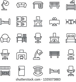 Thin Line Icon Set - cafe vector, bed, checkroom, office chair, desk, bench, fireplace, lamp, bedroom, children room, cushioned furniture, restaurant table, alcove, fridge