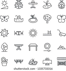 Thin Line Icon Set - cafe vector, sun, flower in pot, lawn mower, butterfly, lady bug, pond, picnic table, brightness, pool, fruit tree, mountains, restaurant, alcove