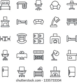 Thin Line Icon Set - cafe vector, bed, checkroom, office chair, desk, bench, fireplace, lamp, bedroom, children room, cushioned furniture, restaurant table, alcove, fridge