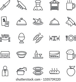 Thin Line Icon Set - cafe vector, coffee, waiter, cook, dish, alcohol, beer, plates, egg stand, bread, building, vip zone, alcove, credit card, restaurant receipt, chicken, kebab, bowl, rolling pin