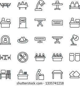 Thin Line Icon Set - cafe vector, baby room, reception, medical, desk, meeting, manager place, picnic table, lamp, restaurant, serviette, reserved, salt and pepper