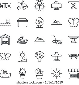 Thin Line Icon Set - cafe vector, flower in pot, lawn mower, butterfly, lady bug, sun, pond, picnic table, brightness, pool, fruit tree, mountains, restaurant, alcove