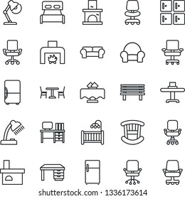 Thin Line Icon Set - cafe vector, checkroom, office chair, desk, bench, fireplace, lamp, bedroom, children room, cushioned furniture, restaurant table, fridge