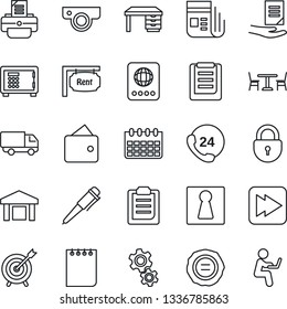 Thin Line Icon Set - cafe vector, female, passport, safe, lock, desk, pen, notepad, document, calendar, stamp, printer, 24 hours, car delivery, clipboard, warehouse, news, fast forward, rent, gear