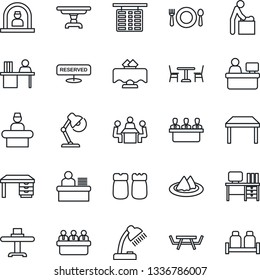 Thin Line Icon Set - cafe vector, baby room, reception, flight table, desk, meeting, manager place, picnic, lamp, restaurant, serviette, reserved, salt and pepper