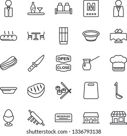 Thin Line Icon Set - cafe vector, waiter, alcohol, restaurant table, cook hat, menu, reserved, drink, bacon, egg stand, salt and pepper, bread, building, open close, steak, ladle, bowl, rolling pin