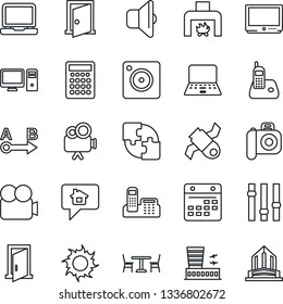 Thin Line Icon Set - cafe vector, airport building, notebook pc, sun, satellite, route, camera, settings, tv, video, laptop, radio phone, mobile, calendar, application, office, fireplace, sound