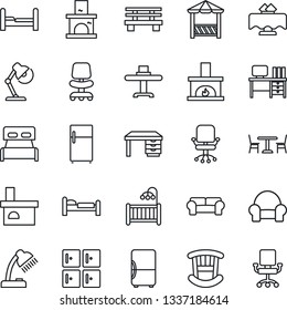 Thin Line Icon Set - cafe vector, bed, checkroom, office chair, desk, bench, fireplace, lamp, bedroom, children room, cushioned furniture, restaurant table, alcove, fridge