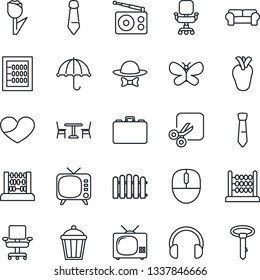 Thin Line Icon Set - cafe vector, case, abacus, mouse, tie, fence, butterfly, garden light, real heart, umbrella, tulip, radio, tv, headphones, cut, office chair, cushioned furniture, dress code
