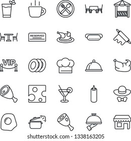 Thin Line Icon Set - cafe vector, coffee, dish, cook hat, reserved, cocktail, phyto bar, plates, waiter, candle, table, vip zone, dress code, alcove, chicken, ham, hot dog, rolling pin, steaming pan