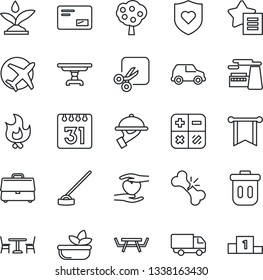 Thin Line Icon Set - cafe vector, calculator, factory, fire, hoe, picnic table, heart shield, hand, broken bone, plane, car delivery, favorites list, mail, calendar, cut, case, fruit tree, salad