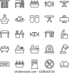Thin Line Icon Set - cafe vector, baby room, reception, flight table, medical, desk, meeting, manager place, picnic, lamp, restaurant, serviette, reserved, salt and pepper