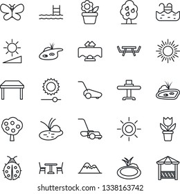 Thin Line Icon Set - cafe vector, sun, flower in pot, lawn mower, butterfly, lady bug, pond, picnic table, brightness, pool, fruit tree, mountains, restaurant, alcove