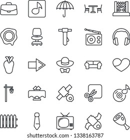 Thin Line Icon Set - cafe vector, right arrow, office chair, case, abacus, tie, stamp, fence, garden light, real heart, satellite, umbrella, radio, headphones, cut, music, cushioned furniture, tv