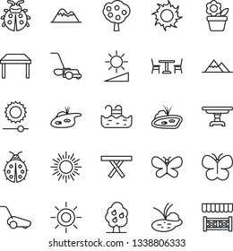 Thin Line Icon Set - cafe vector, sun, flower in pot, lawn mower, butterfly, lady bug, pond, picnic table, brightness, pool, fruit tree, mountains, alcove