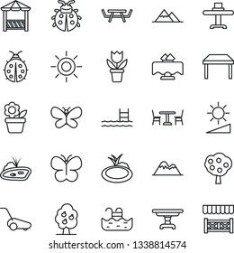 Thin Line Icon Set - cafe vector, flower in pot, lawn mower, butterfly, lady bug, sun, pond, picnic table, brightness, pool, fruit tree, mountains, restaurant, alcove