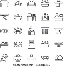 Thin Line Icon Set - cafe vector, baby room, reception, flight table, medical, desk, meeting, manager place, picnic, lamp, restaurant, serviette, reserved, salt and pepper