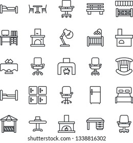 Thin Line Icon Set - cafe vector, bed, checkroom, office chair, desk, bench, fireplace, lamp, bedroom, children room, restaurant table, alcove, fridge