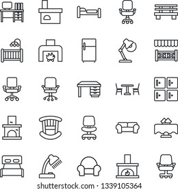 Thin Line Icon Set - cafe vector, bed, checkroom, office chair, desk, bench, fireplace, lamp, bedroom, children room, cushioned furniture, restaurant table, alcove, fridge