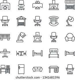 Thin Line Icon Set - cafe vector, bed, office chair, desk, bench, fireplace, lamp, bedroom, children room, cushioned furniture, restaurant table, alcove, fridge