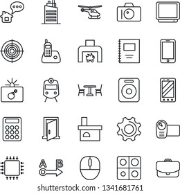 Thin Line Icon Set - cafe vector, train, bomb in case, camera, helicopter, mobile phone, mouse, fireplace, route, tv, video, radio, speaker, settings, application, copybook, calculator, target, chip